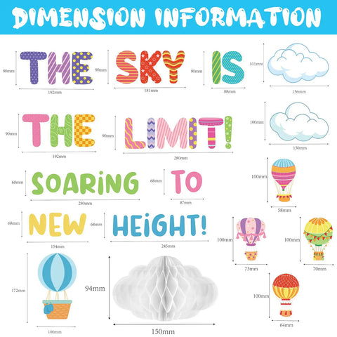 Dimensions of 3D Hot Air Balloon Honeycomb Bulletin Board Set For Classroom Decor With Colorful Balloon Cutouts And Cloud Shapes, 65 Piece Kit