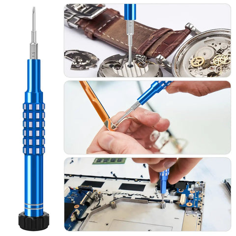 One Handed Precision Screwdriver Set With 360 Degree Rotating Handle S2 Steel Magnetic Bits For Glasses Watches And Laptop Repair Includes Oxford Pouch Magnetizer Tweezers And Pry Tools used in electronics and watches repair.