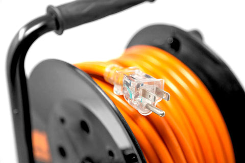50 Ft Outdoor Extension Cord Reel With Lighted NEMA 5 15R Outlet 14 Gauge 3 Wire SJTW Heavy Duty Cable Weather Resistant With Built In Storage Reel Ideal For Yard Garage Construction Site And DIY Projects