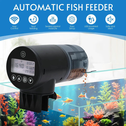 Smart Wireless Fish Feeder With App Control And Timer For Aquariums dispensing dry food, featuring a timer and USB power.