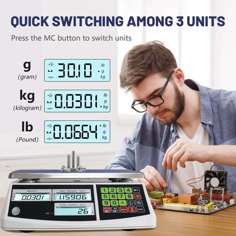 Hochleistungs-Zählwaage mit 30 kg (66 lb) Tragkraft und einer Genauigkeit von 0,1 g, ausgestattet mit Digitalanzeige und Umschaltfunktion für die Einheiten