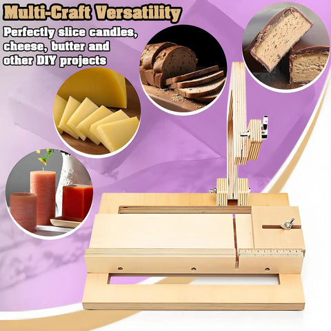 Wooden Soap Cutter Machine And Loaf Slicer Kit with adjustable steel wire and ruler guide, showing versatility for cheese and candles.