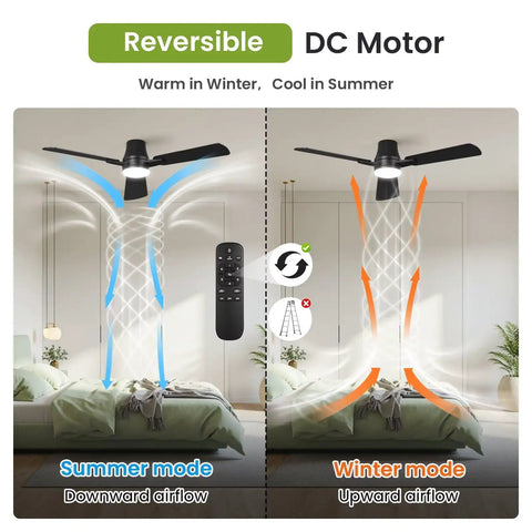 Diagram showing 42 Inch Modern Ceiling Fan With Lights And Remote, Low Profile Flush Mount, Quiet Reversible DC Motor for all seasons.