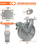 Detailed view of Heavy Duty 8x2 Inch Kingpinless Casters Set showing dimensions, steel cast iron wheel, and brake mechanism.