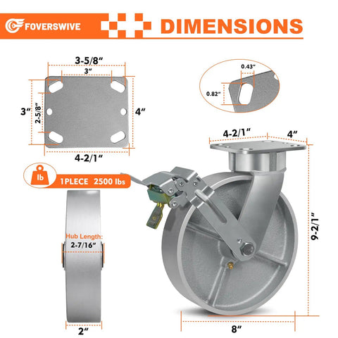 Kingpinless Casters Badass Heavy Duty Workhorse Built Different dimensions showing 2500 lbs capacity, 8-inch wheel, suitable for U boat carts.