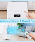 Person using remote to operate Windowless Portable Air Cooler With 6L Reservoir 3-In-1 Evaporative AC Humidifier And Fan in living room