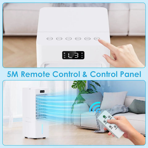 Person using remote to operate Windowless Portable Air Cooler With 6L Reservoir 3-In-1 Evaporative AC Humidifier And Fan in living room