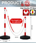 Nine Pack Traffic Delineator Cones With Base Set Red Plastic Safety Cones For Parking Lot Use Includes Six Point Six Feet Link Chain And S Hooks Stanchion Style Barriers For Easy Area Demarcation, showing product size and adjustable height.