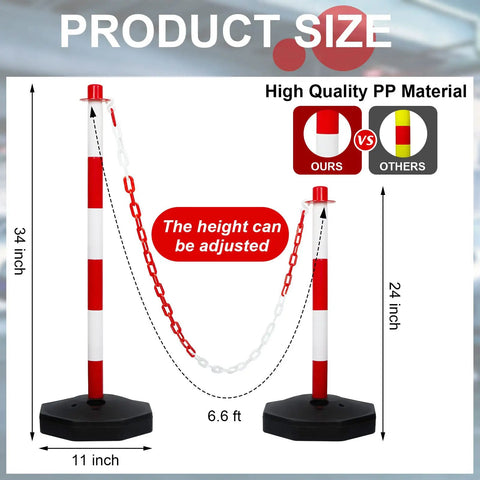 Nine Pack Traffic Delineator Cones With Base Set Red Plastic Safety Cones For Parking Lot Use Includes Six Point Six Feet Link Chain And S Hooks Stanchion Style Barriers For Easy Area Demarcation, showing product size and adjustable height.