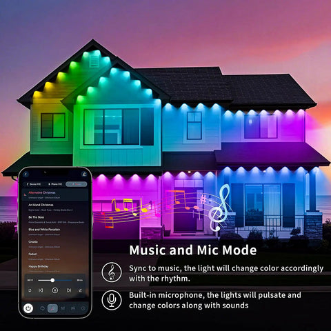 Outdoor LED Lights for House With App And Button Control Smart RGB IC Eaves Lighting Kit 200 Plus Dynamic Scene Modes on house