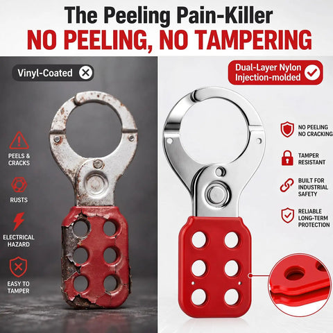 Comparison of vinyl-coated and dual-layer nylon Bulk 25 Pack 1.5 Inch Steel Safety Lockout Hasps With Chrome Steel And Dual Layer Nylon Handle
