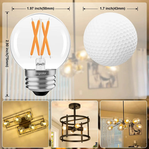 6 Pack G16.5 LED Globe Bulbs 60W Equivalent Dimmable E26 2700K Warm White, shown with chandeliers and ceiling fans.
