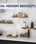 Modern kitchen shelves using Hidden Floating Shelf Brackets Set 6 Pack 6 Inch Heavy Duty Black Metal L Brackets.