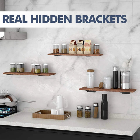 Modern kitchen shelves using Hidden Floating Shelf Brackets Set 6 Pack 6 Inch Heavy Duty Black Metal L Brackets.