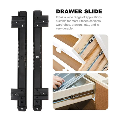 Heavy Duty Side Mounted Ball Bearing Drawer Slides With Full Extension Smooth As Butter Cold Rolled Steel Cabinet Rails shown in use for drawers.