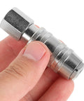 Heavy Duty Workhorse Stainless Steel Air Hose Coupler Quick Connect Pneumatic Fitting held in hand, highlighting self-locking design