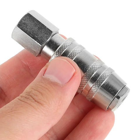 Heavy Duty Workhorse Stainless Steel Air Hose Coupler Quick Connect Pneumatic Fitting held in hand, highlighting self-locking design