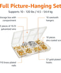 DIY Picture Hanging Hardware Kit 220 Piece Brass Finish Set With storage box, galvanized wire, and assorted hangers.