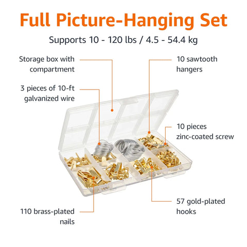 DIY Picture Hanging Hardware Kit 220 Piece Brass Finish Set With storage box, galvanized wire, and assorted hangers.