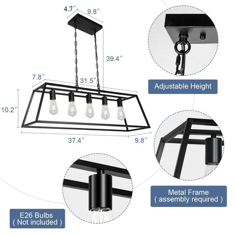 Modern Black Farmhouse Kitchen Island Light Chandelier With Industrial Open Frame 5 Light Ceiling Fixture dimensions and features