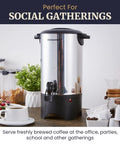 40 Cup Electric Coffee Urn With Removable Filter For Easy Cleanup Two Way Dispenser With Cool Touch Handles Stainless Steel Construction Delivers Fast Fresh Coffee At About One Cup Per Minute For Parties Buffets And Large Gatherings.