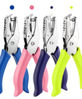 Four Piece Mini Hole Punch Kit With Comfy Soft Grip Handles 1/4 And 1/8 Inch Sizes In Solid Bright Shades displayed in blue, pink, purple, and green.