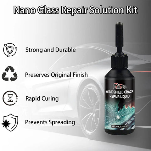 Windshield Repair Kit With 2026 Upgrade Glass Repair Liquid for windshields, mirrors, and windows next to a car, 20ml bottle.