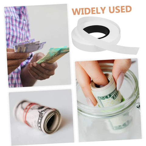 Heavy Duty Cash Strapping Tape Roll For Banknote Bundling And Shipping, white tape beside banknote handling images