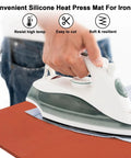 Hand pressing iron on 15 By 15 Inch Silicone Heat Press Mat Pad 0.3 Inch Thick For Heat Press Machines Flat Replacement Pad For Heat Transfer Beefed Up Durable Nonstick Cushion For Ironing Craft Projects Safer And Faster Pressing