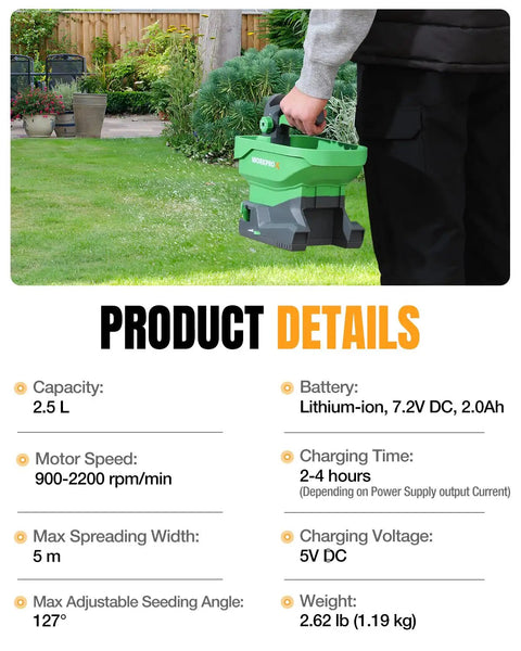Person using Battery Powered Fertilizer And Seed Spreader for Lawns and Driveways, 7.2V rechargeable tool on grass