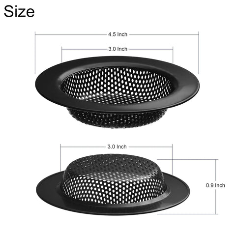 Two Pack Black Stainless Steel Kitchen Sink Drain Strainers With Four Point Five Inch Top And Three Inch Basket Large Food Catcher Durable Electroplated Coating Rust Resistant Built To Last showing size dimensions