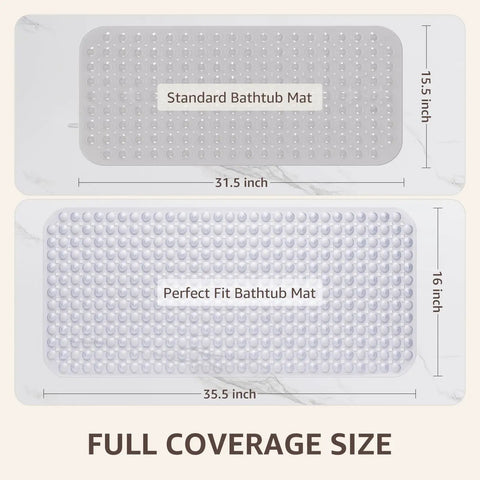 Big Time Grip Non Slip Bathtub Shower Mat Features Heavy Duty Suction Cups For Zero Slip Drains Quick Dry Cutouts Made From Soft Bendable Tpe For Super Chill Foot Comfort And Hassle Free Rinse Clear Thirty Five By Sixteen Inch Layout displayed in two size options.
