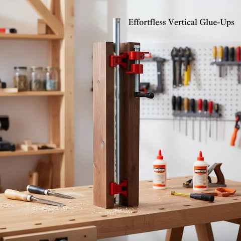 Get This Vertical Woodworking Clamp For Bench To Crush Glue-Ups And Assembly Like A Boss With Stable Metal Vise holding wood upright.