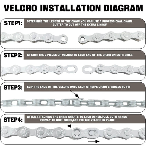 Velcro installation diagram for Universal Bike Chain For Six To Twelve Speed Bikes With Tough As Nails Strength.