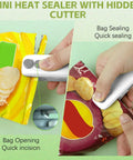 2 Pack Rechargeable 2 In 1 Mini Bag Sealer And Cutter sealing and cutting chip bags with quick heat seal and built-in blade