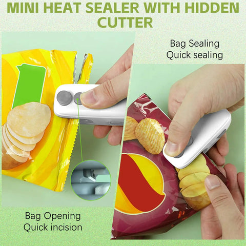 2 Pack Rechargeable 2 In 1 Mini Bag Sealer And Cutter sealing and cutting chip bags with quick heat seal and built-in blade