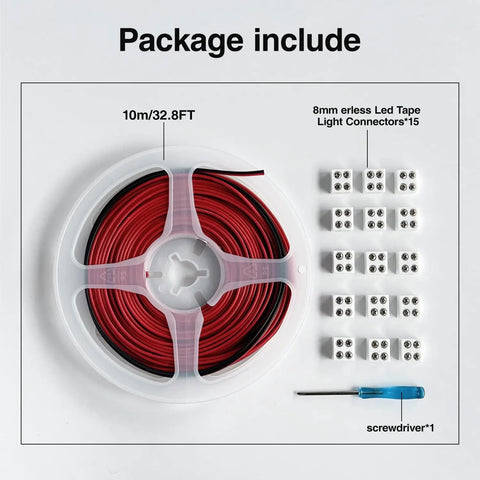 Two Pin 8mm LED Strip Connector With 32.8Ft Wire, Screw Terminal Quick Connectors For 5V 12V 24V COB Tape Light, 15 Pack