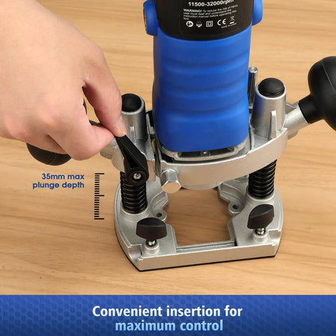 Powerful 850W Plunge Router Kit For Woodworking With Soft Start being adjusted to 35mm max plunge depth, 6 variable speeds displayed.