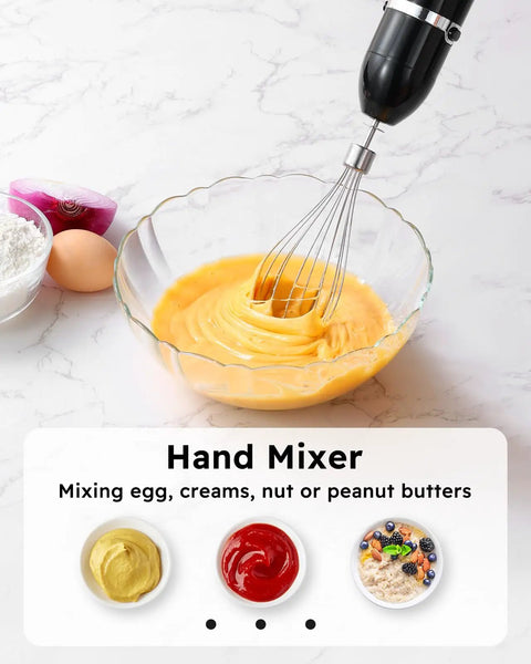 Immersion Hand Blender All In One Electric Stick Blender With Whisk And Milk Frother Attachments 400W in use with egg mixture