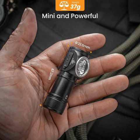 Rechargeable Headlamp HS10 1100 Lumens With 90 CRI LH351D LED in hand, 37g mini size, right angle beam, ultra lightweight comfort.