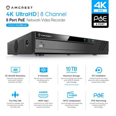 Eight Channel PoE NVR For 4K Security Cameras With Real Time 30 FPS Playback, Supports Up To 8MP And 4K Resolution, Up To 10TB HDD