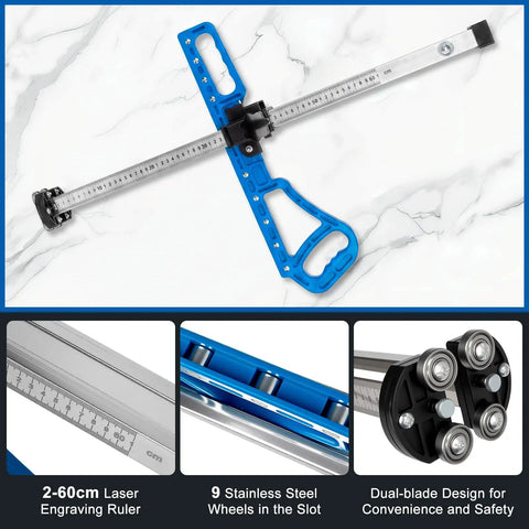 Foldable Drywall Cutter With Built In Scraper And Blades Pro Grade Adjustable Width From One To Sixty Centimeters Fits One Quarter To Five Eighths Inch Gypsum Boards Dual Scale Inches And Centimeters Edge Band And Gloves For Easy Renovations. blue drywall cutter with dual scales and stainless steel wheels