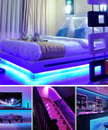 Ultra Long 32.8ft RGB Led Strip Lights Kit with 300 5050 LEDs illuminating bedroom, TV, stairs, and bar with vibrant colors.