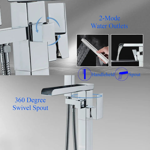 Close-up of Floor Mount Waterfall Tub Filler Faucet Chrome Finish with Hand Shower showing 360° swivel spout and diverter control.