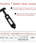 Black flexible T-handle draw latch, side view, 160 mm long, for toolboxes and machine hoods