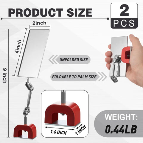 2 Pack Rectangular Inspection Mirrors With Magnetic Base Dual Universal Joints 360 Degree Adjustable Welding And Mechanical Repair Mirrors 4 By 2 Inch shown folded and unfolded with dimensions and weight