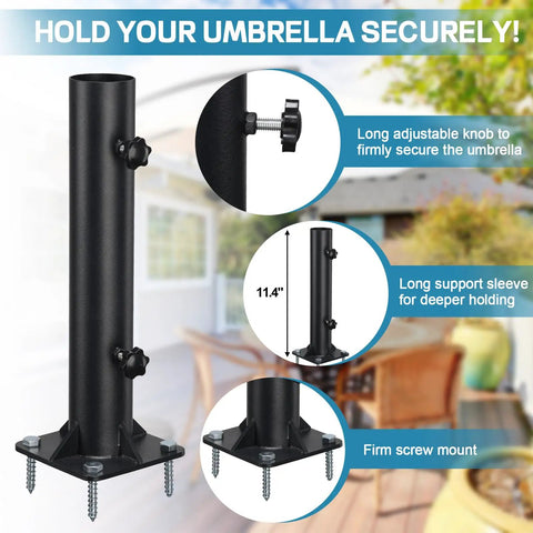 Heavy Duty Patio Umbrella Base Mount For 1 To 1.8 Inch Poles, shown with adjustable knobs and screw-secure base on deck.