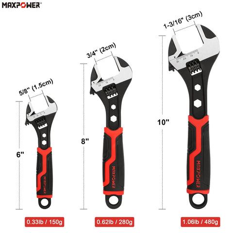 Adjustable Wrench Set 6 Inch 8 Inch 10 Inch, Drop Forged CrV Steel, showing size and weight details on red and black handles.