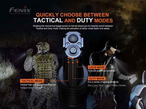 Beast Mode 5000 Lumen Flashlight With 437 Yard Throw, showcasing tactical and duty modes for outdoor and professional use.