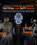 TK35UE V2.0 5000 Lumen Tactical Flashlight Set With Batteries And USB Charger, displaying tactical and duty switch modes